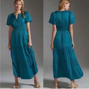 Anthropologie Somerset Deep Teal Satin Maxi Dress size XSP